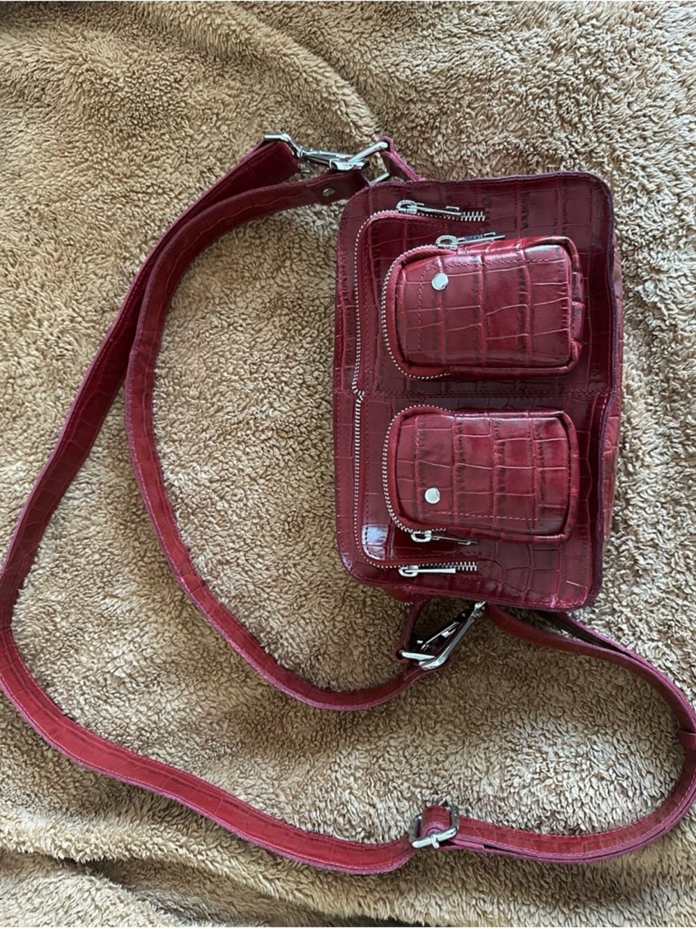 Croc-Embossed Red Crossbody Bag with Front Pockets